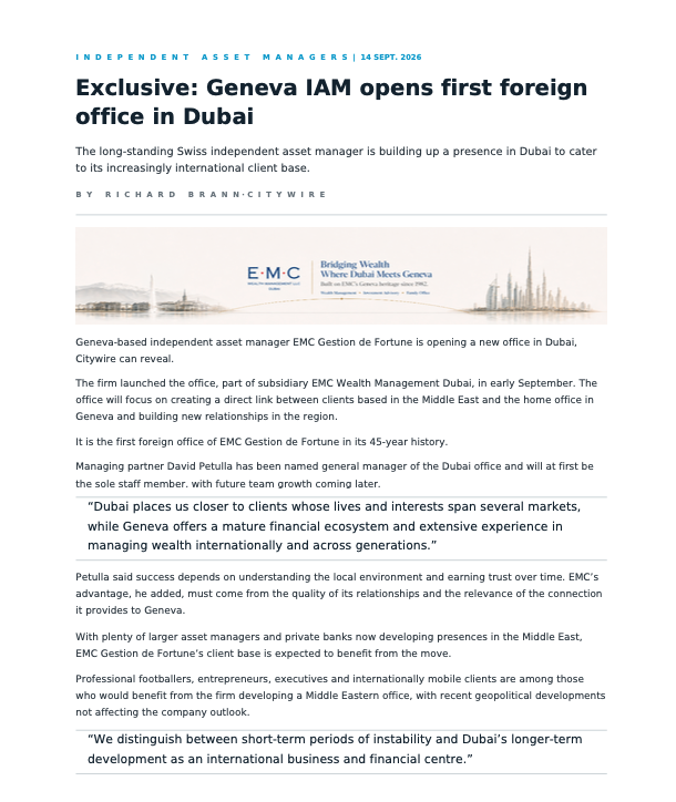 EMC Gestion de Fortune ouvre un nouveau bureau à Dubaï